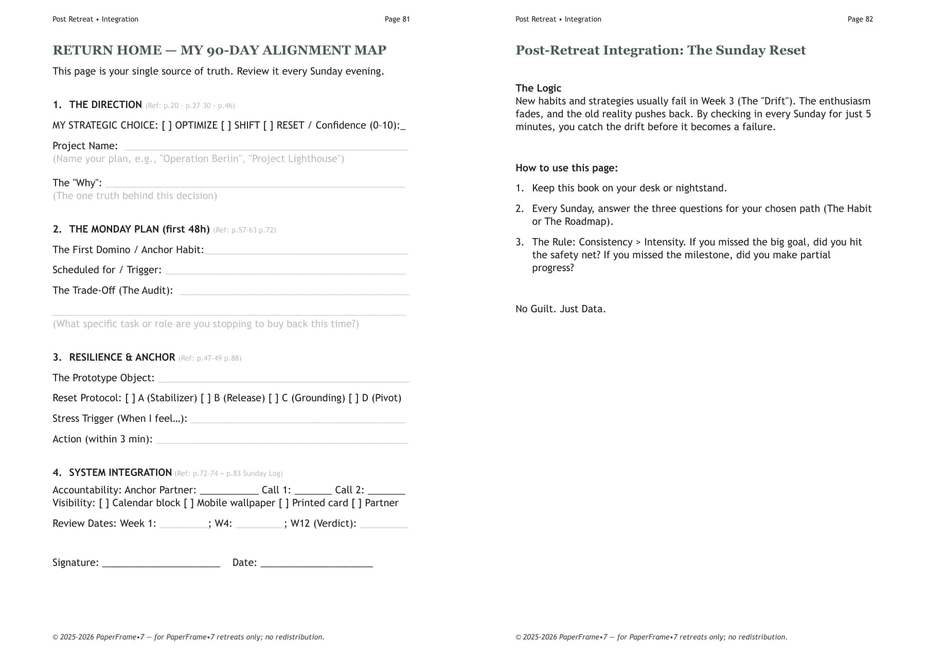 Open workbook showing My 90-Day Alignment Map and The Sunday Reset: direction, Monday plan, commitments and weekly review.